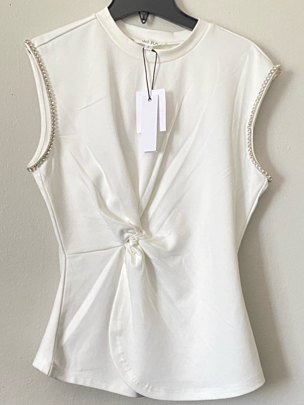 NWT White Sleeveless Knotted Front Twist Beaded Rhinestones Evening Blouse Small
